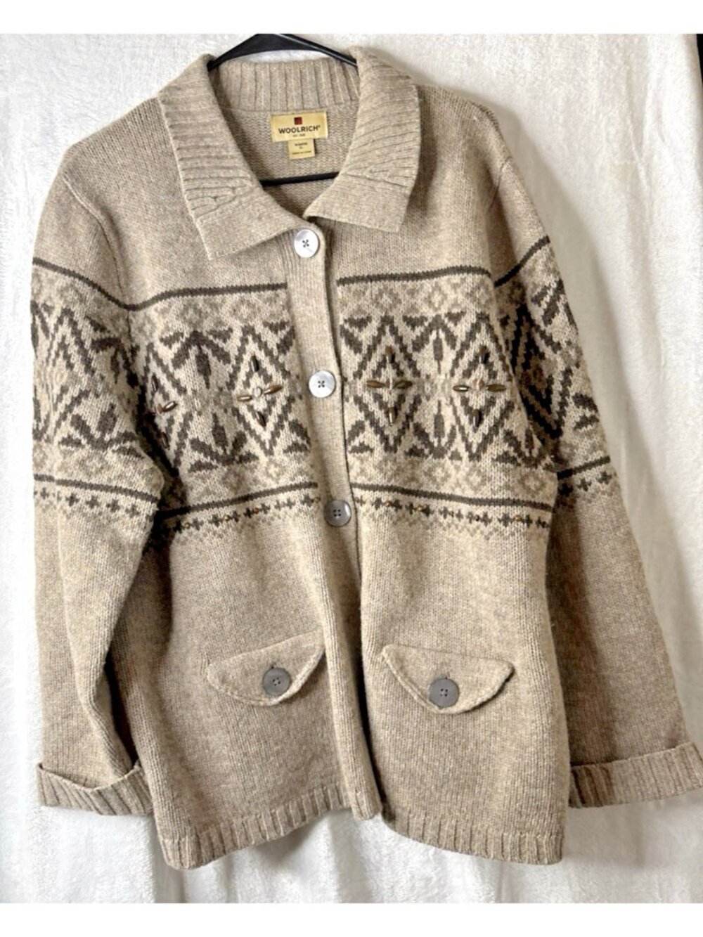 VTG  Woolrich Lambswool Sweater Cardigan Women XL Khaki Heather Wooden Beads